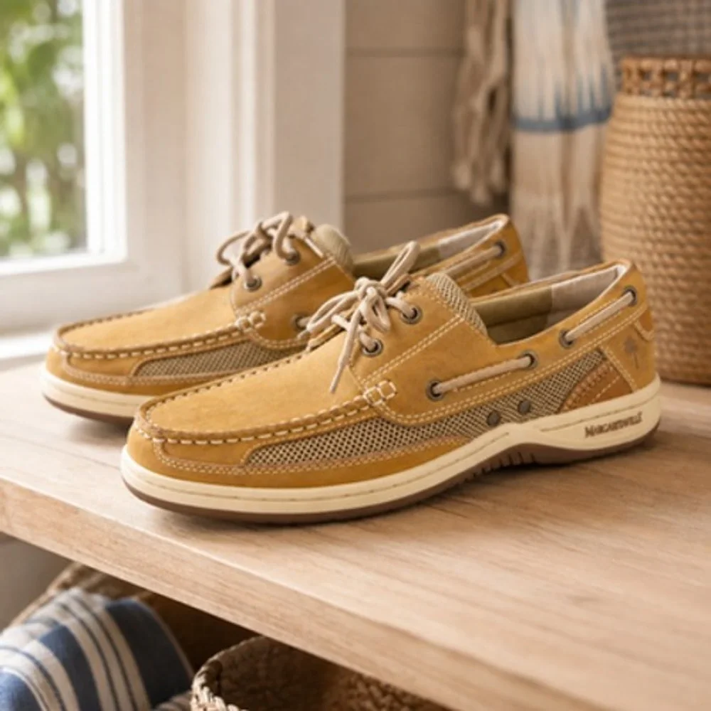 Margaritaville Mens 8.5 Brown Leather Mesh Anchor Lace Up Boat Shoes NWOB